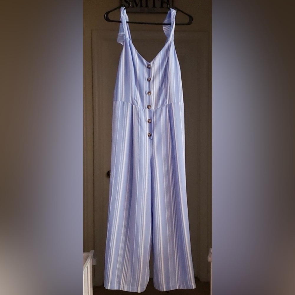 Candie’s NWT Jumpsuit M Blue Stripe Wide Leg Button Front Summer
